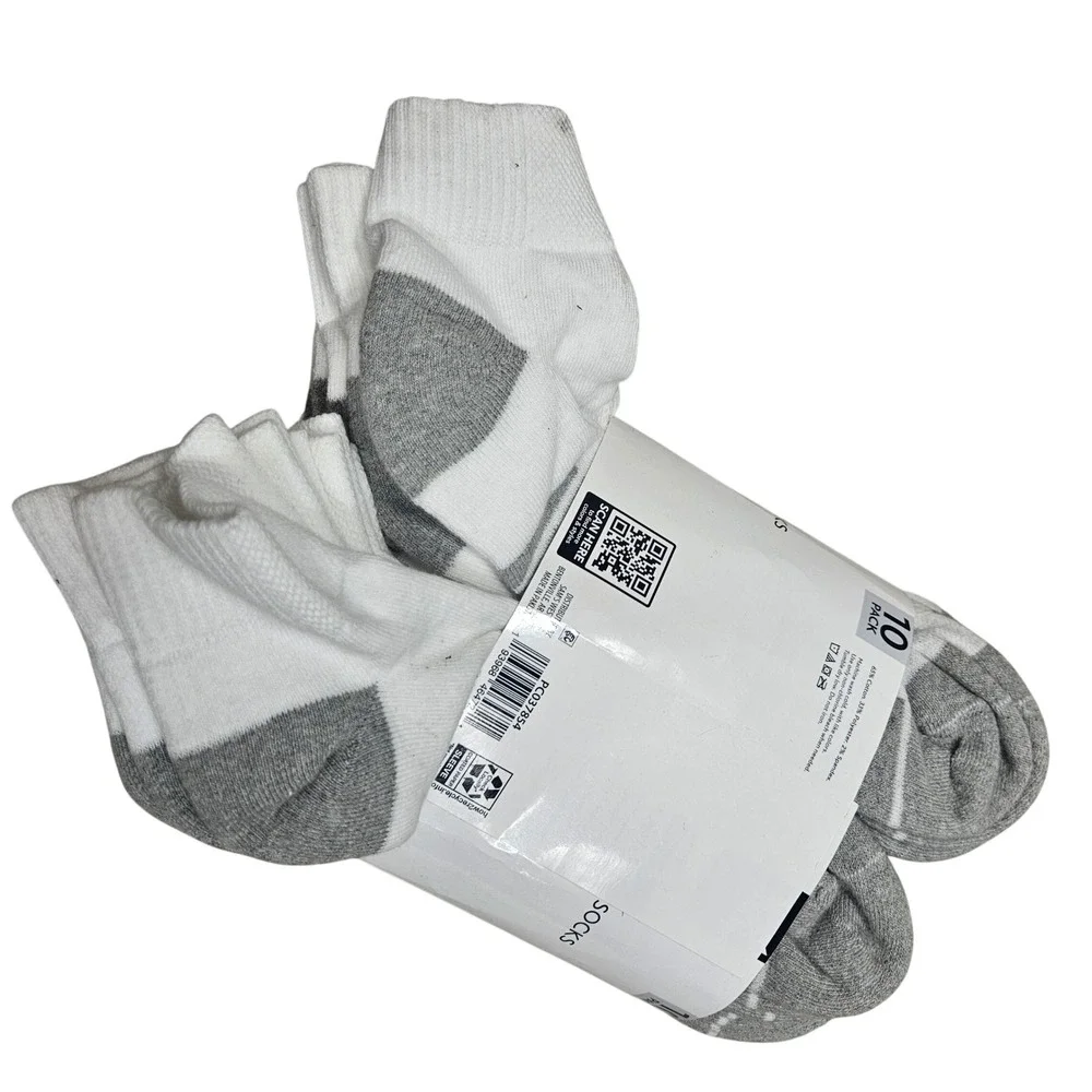 Member's Mark Athletic Quarter Socks Mens 6-12 White Gray 10 Pack Cushioned Arch